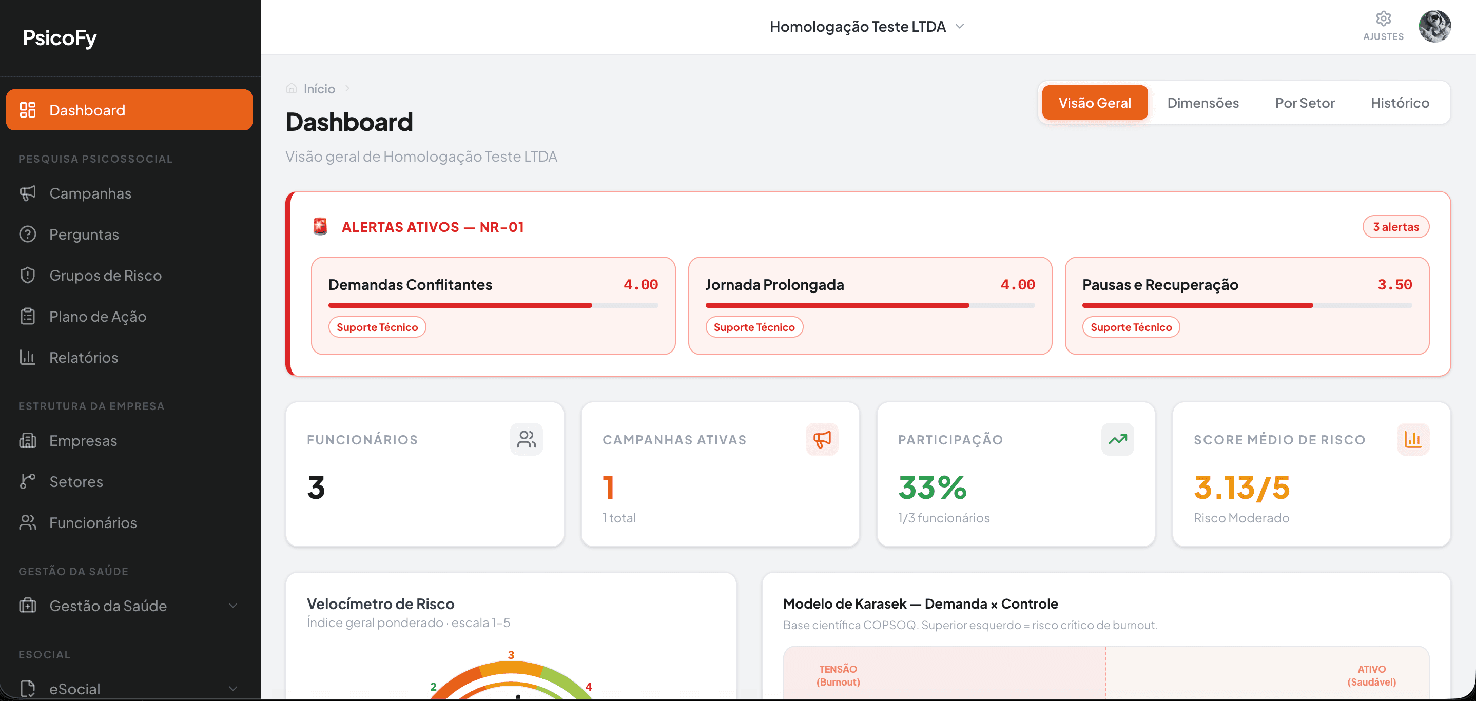 Painel do NextSafe com o mapa de riscos psicossociais por setor